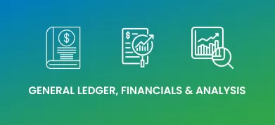 Icons representing general ledger, financials, and analysis for integrated lead-to-cash systems in PracticeERP software.