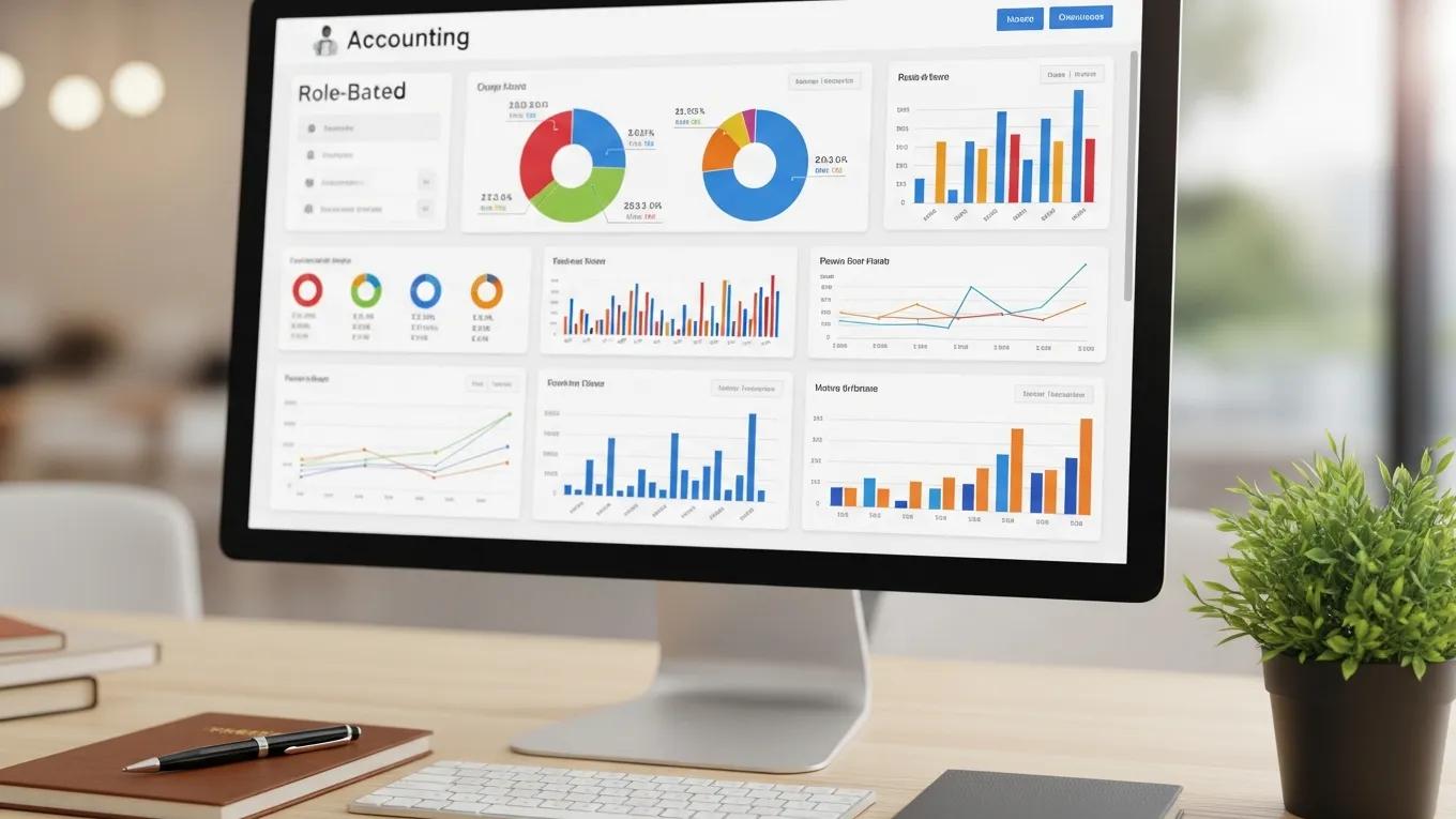 Close-up of accounting software dashboard with colorful metrics, illustrating key features of PracticeERP