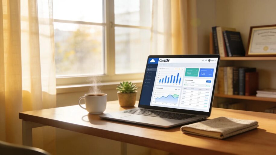 Cozy CPA firm workspace with cloud ERP laptop setup