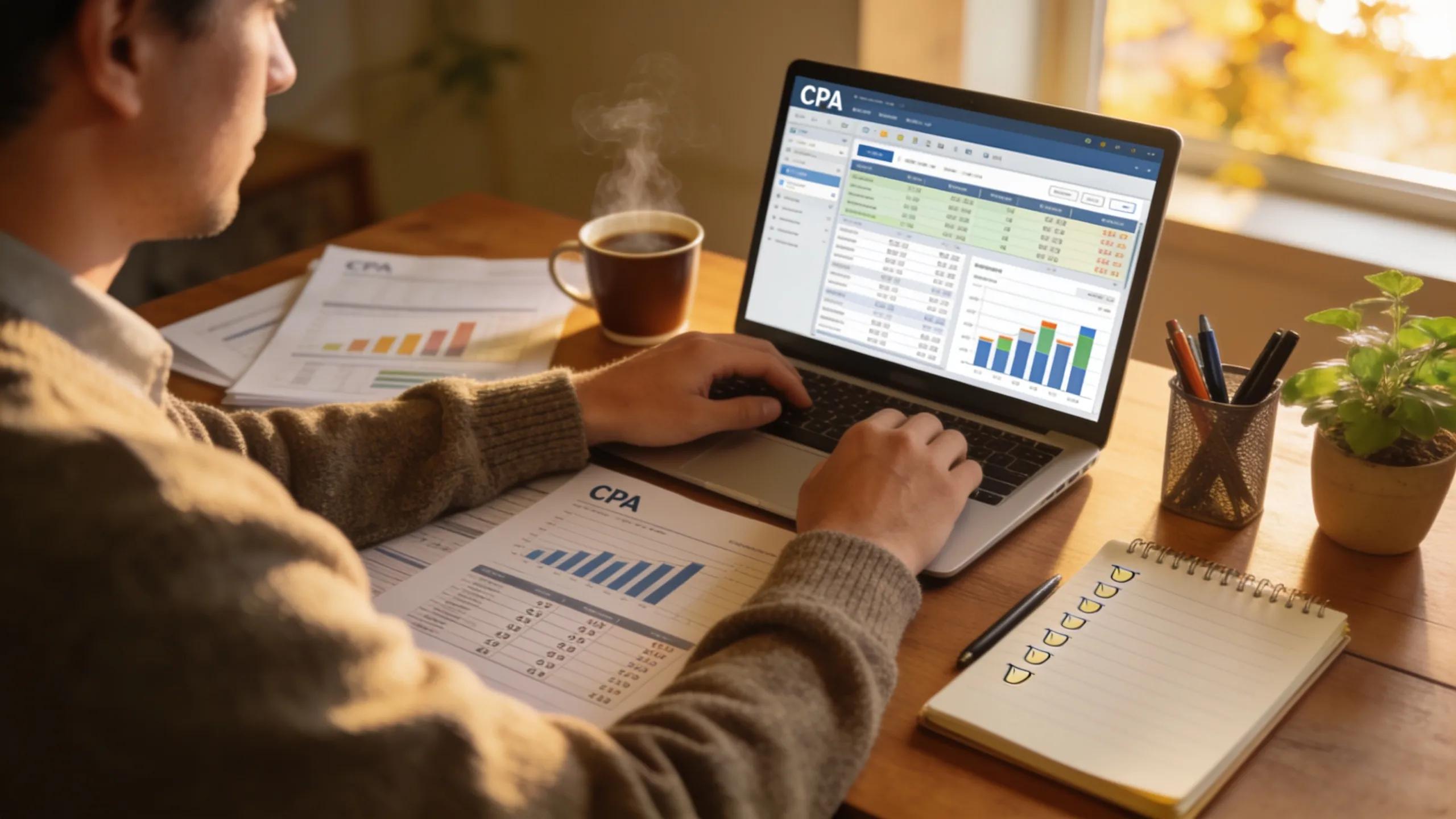 Cozy workspace with CPA professional using client management software on a laptop amidst financial documents