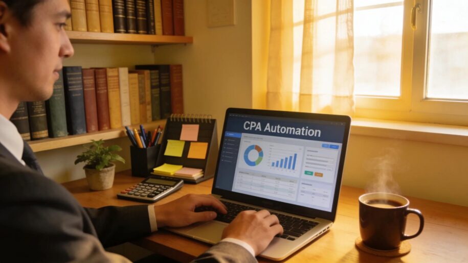 CPA professional using automation software in a cozy, well-lit workspace