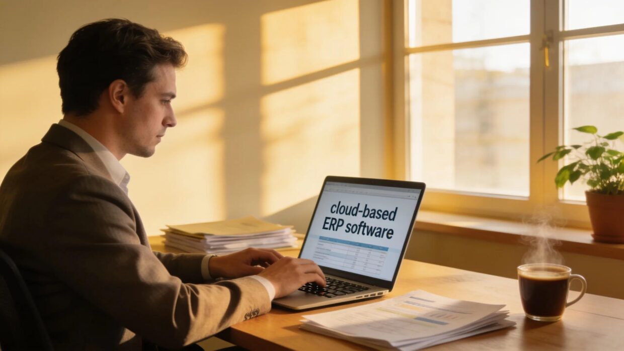 Accountant working in a cozy office using cloud ERP software on a laptop