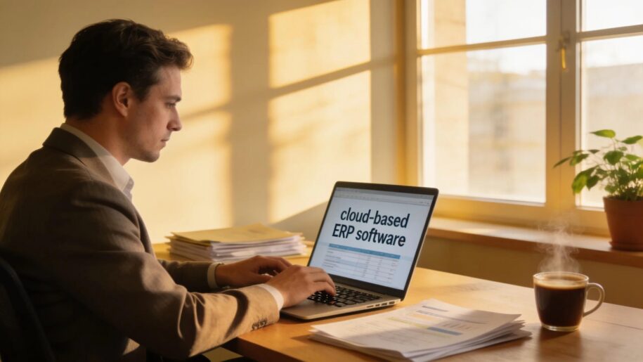Accountant working in a cozy office using cloud ERP software on a laptop