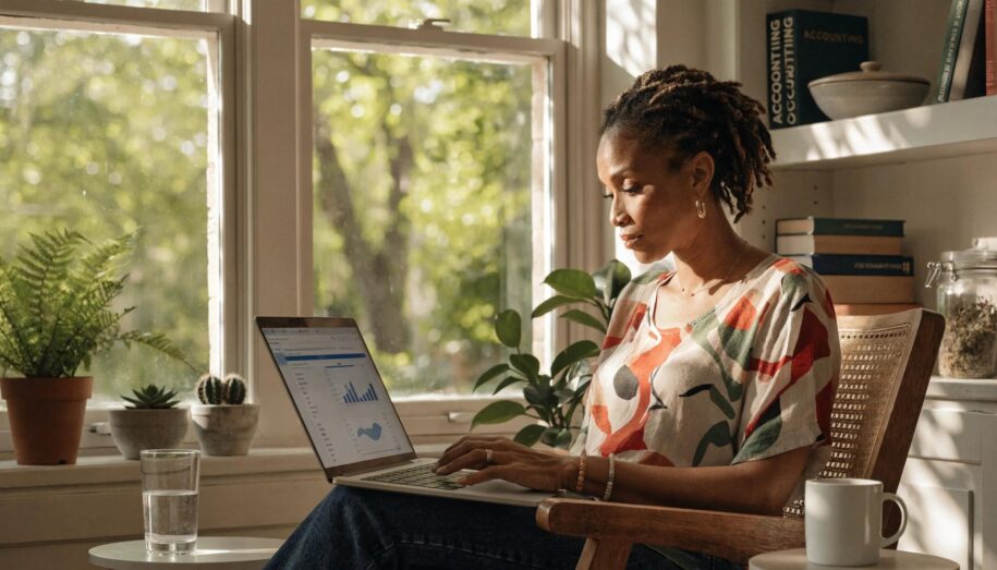 A CPA professional engaged with cloud ERP technology in a warm office environment
