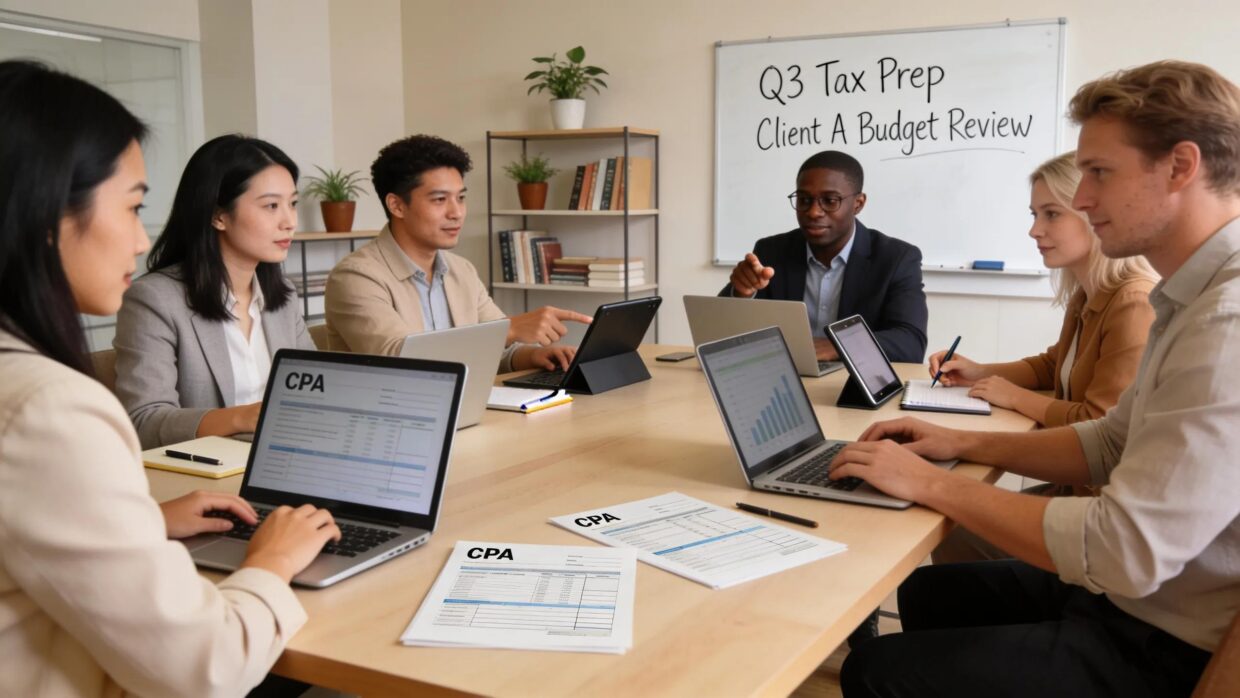 Diverse professionals collaborate in a modern office setting showcasing cloud technology for CPA practices