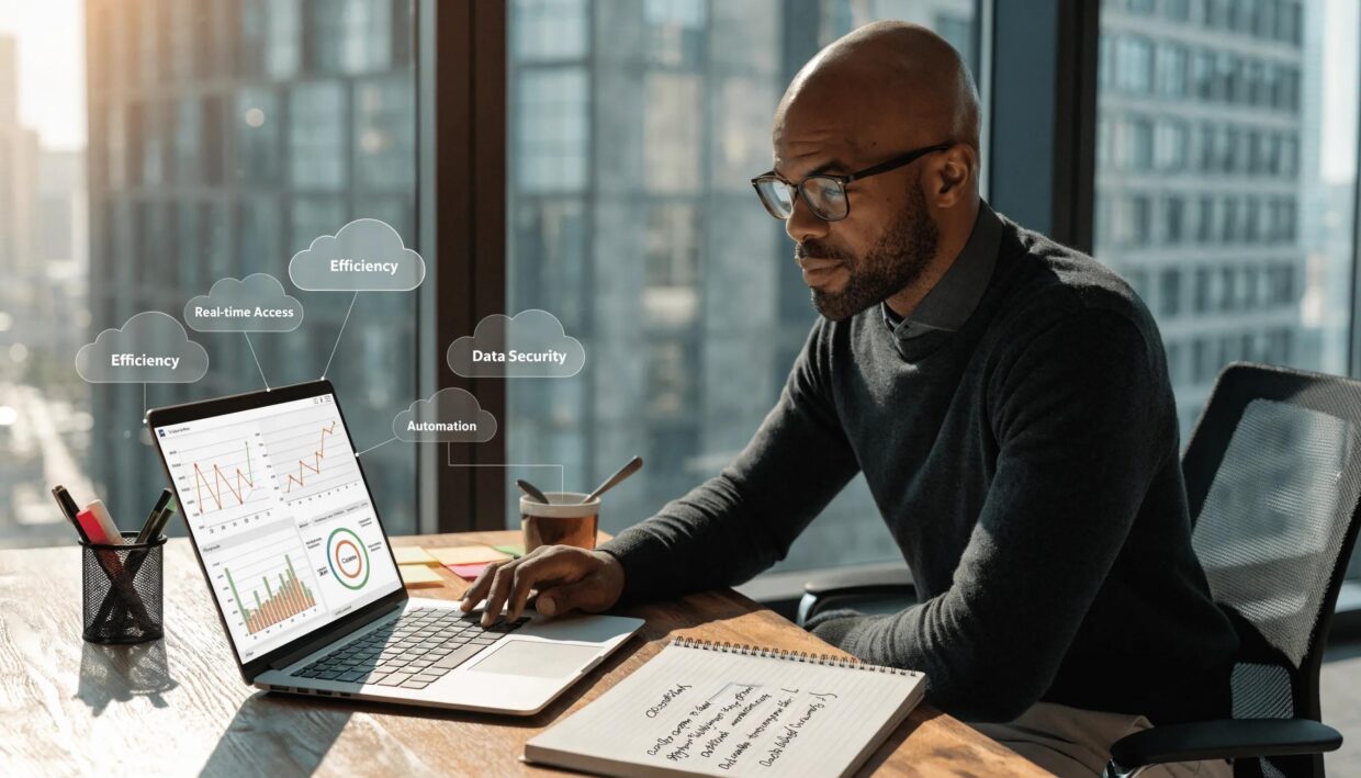 Financial professional analyzing cloud ERP benefits in a modern workspace environment