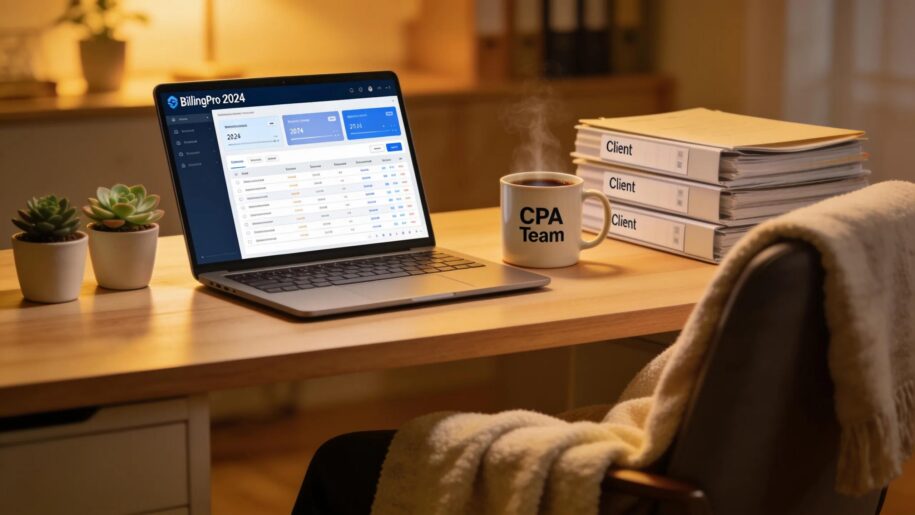 Warm and inviting CPA workspace featuring a laptop with billing software, cozy elements highlighting operational efficiency