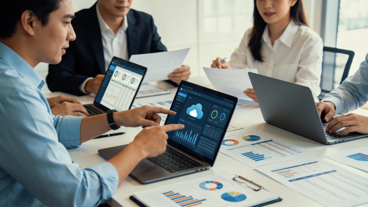 A team of accountants working together, demonstrating collaboration and communication in cloud-based software usage