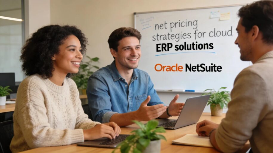 Professionals collaborating in a modern office setting discussing Oracle NetSuite pricing strategies