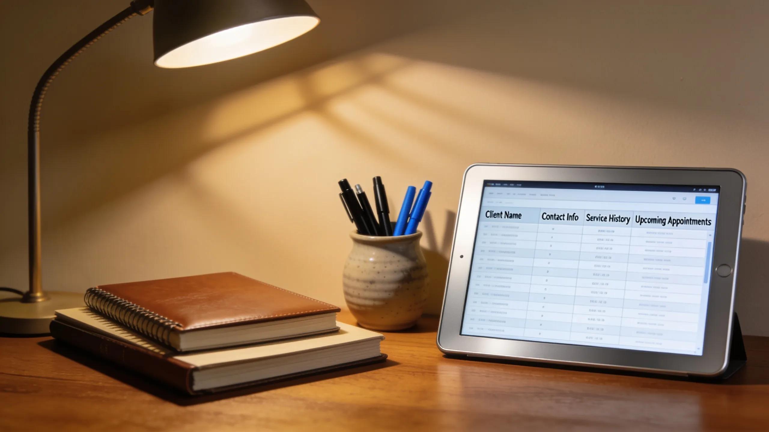 Desk with a digital tablet displaying client management software, showcasing productivity tools for CPA firms