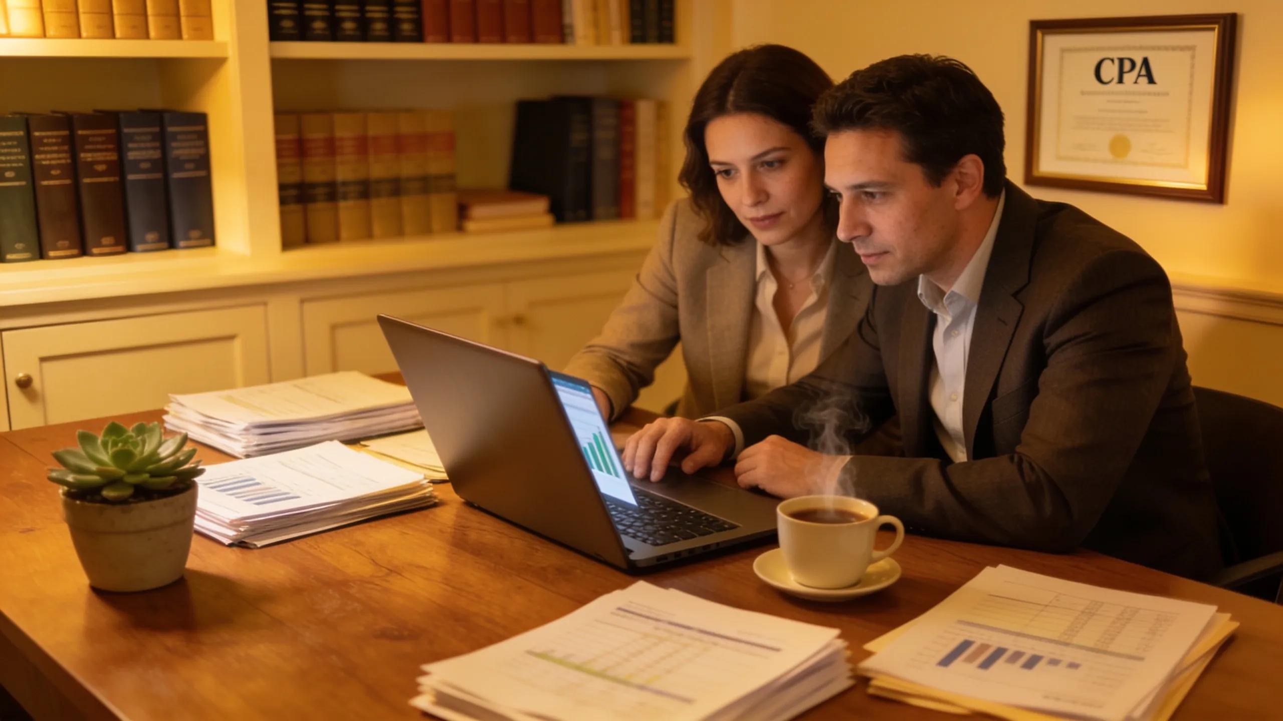 CPA professional discussing billing processes with a client in a cozy office setting