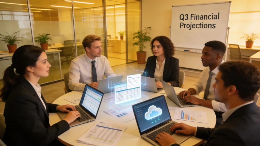 CPA accountants collaborating in a modern office, symbolizing cloud ERP's impact on teamwork and efficiency