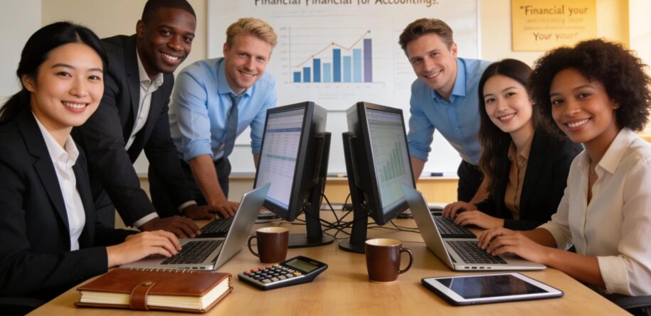 Accounting professionals collaborating in a modern office setting, emphasizing teamwork and technology integration
