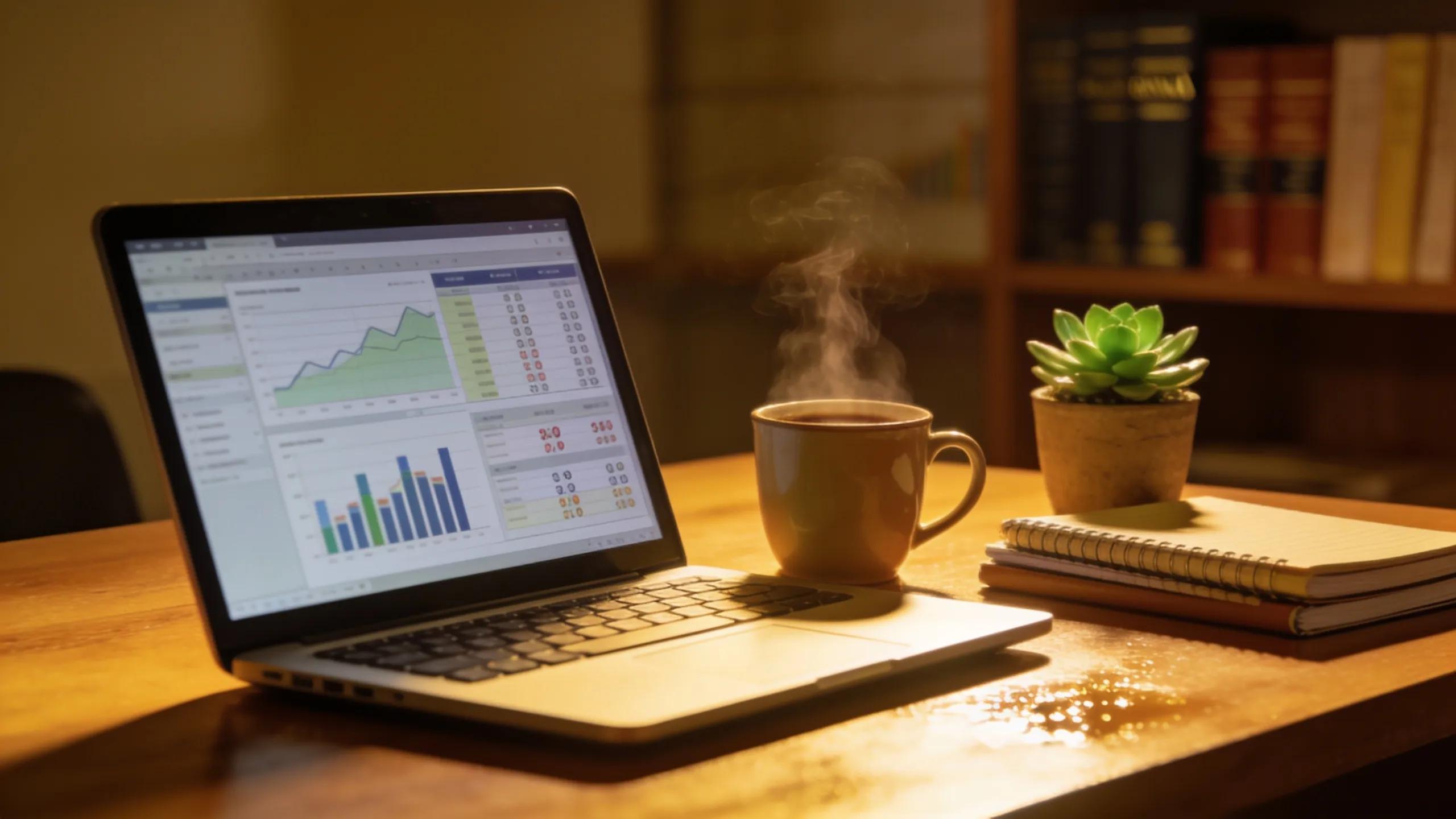 Cozy office setup showcasing financial tools and a laptop for WIP management in CPA firms