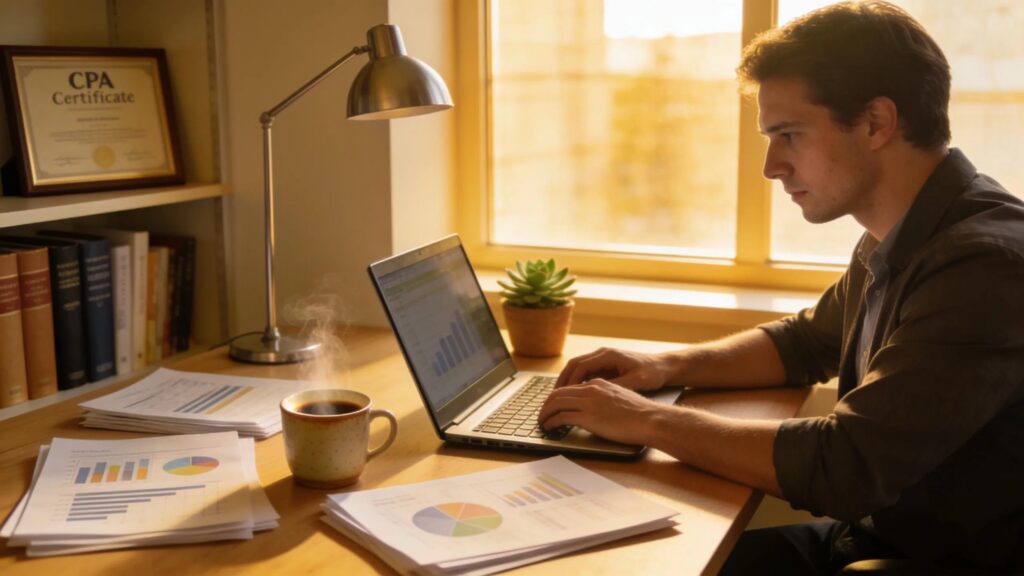 CPA professional working on a laptop in a cozy office environment