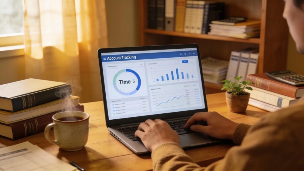 Cozy CPA workspace with accountant tracking time on a laptop surrounded by financial books