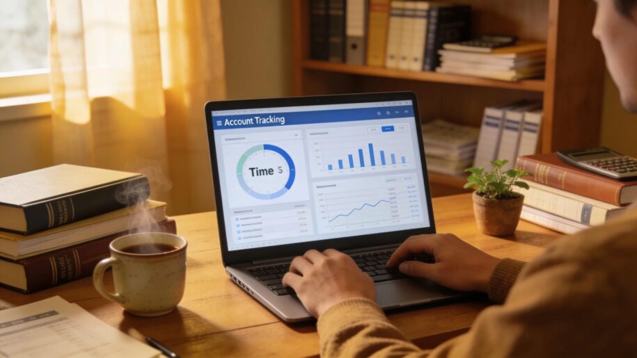 Cozy CPA workspace with accountant tracking time on a laptop surrounded by financial books