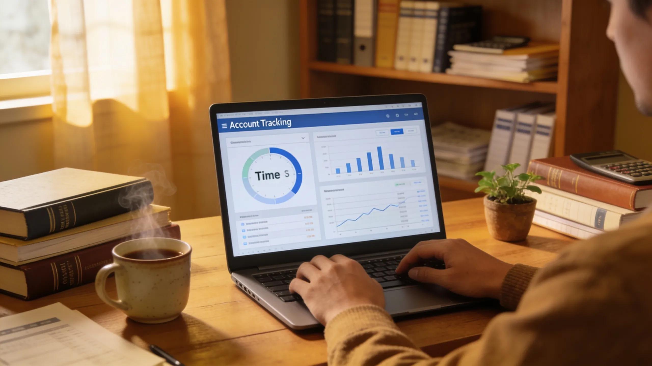 Cozy CPA workspace with accountant tracking time on a laptop surrounded by financial books