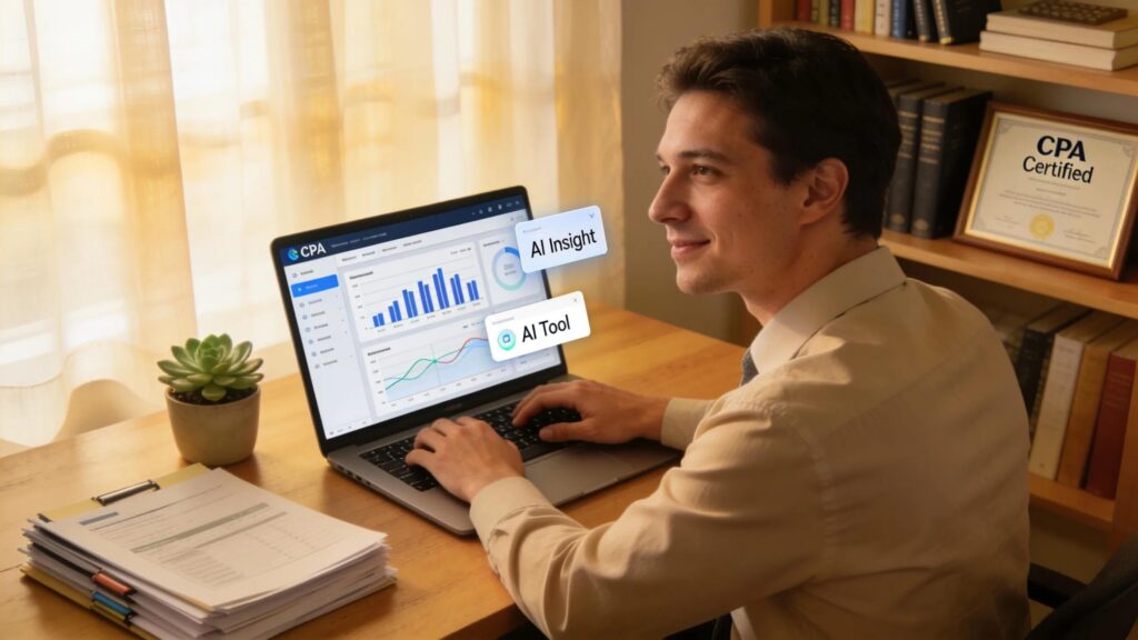 CPA professional engaging with AI reporting tools in a modern office setting