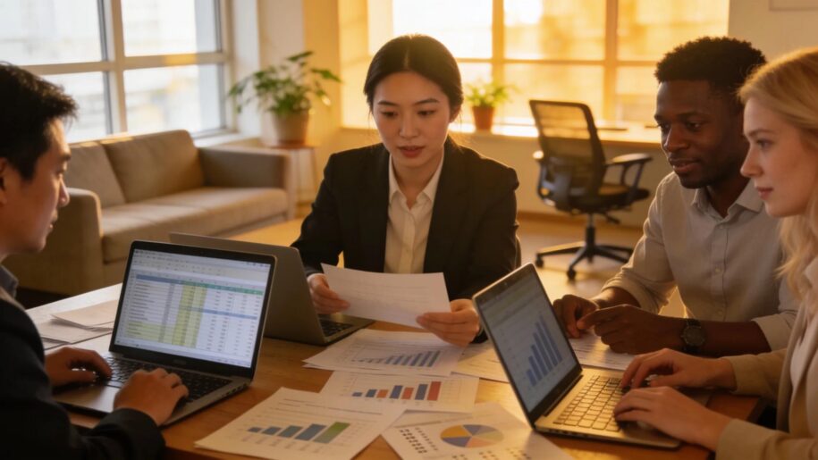 Accounting professionals engaging in teamwork with technology in a modern office