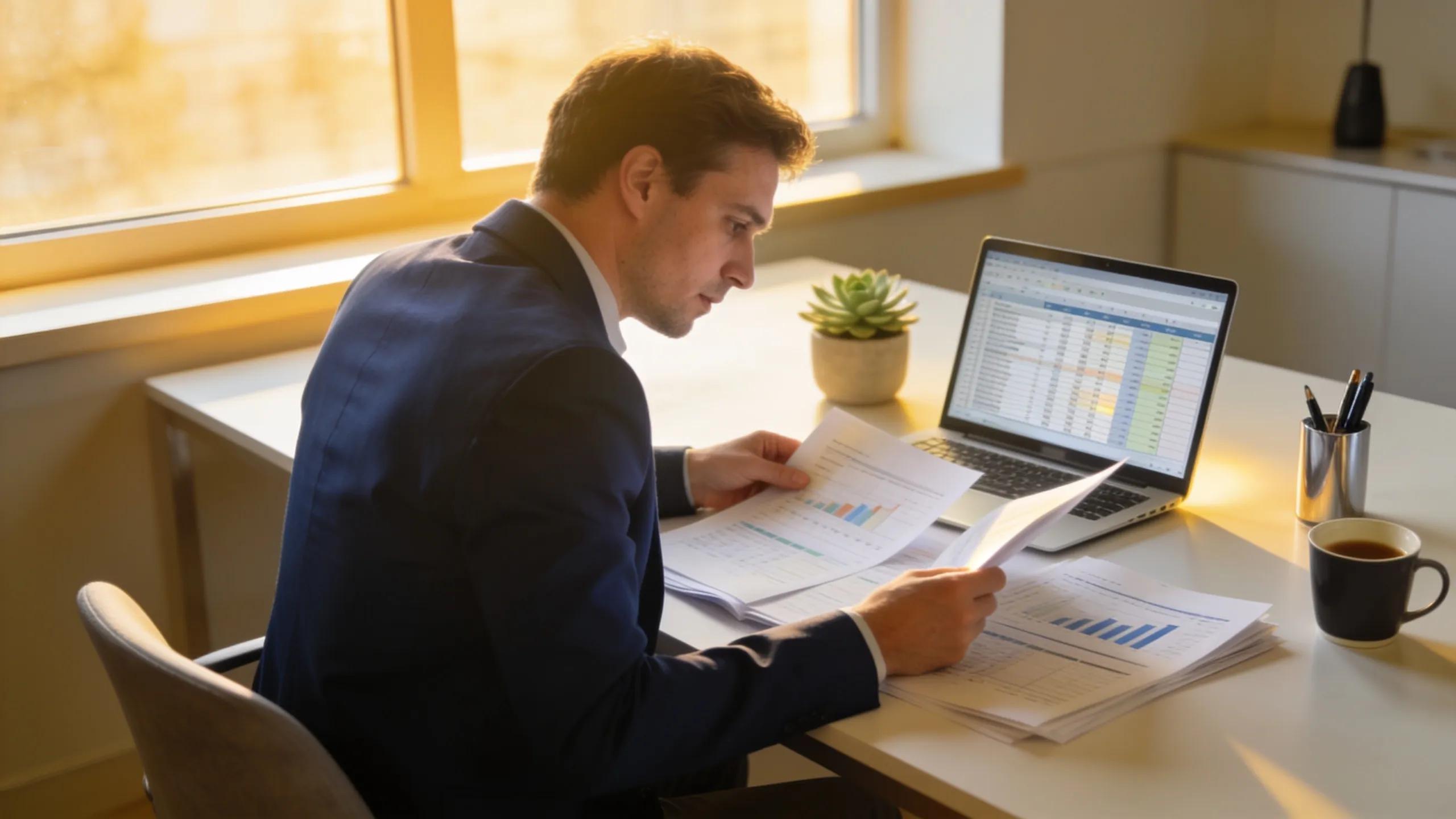 Cozy CPA office scene showcasing a professional engaged in AI-assisted financial analytics