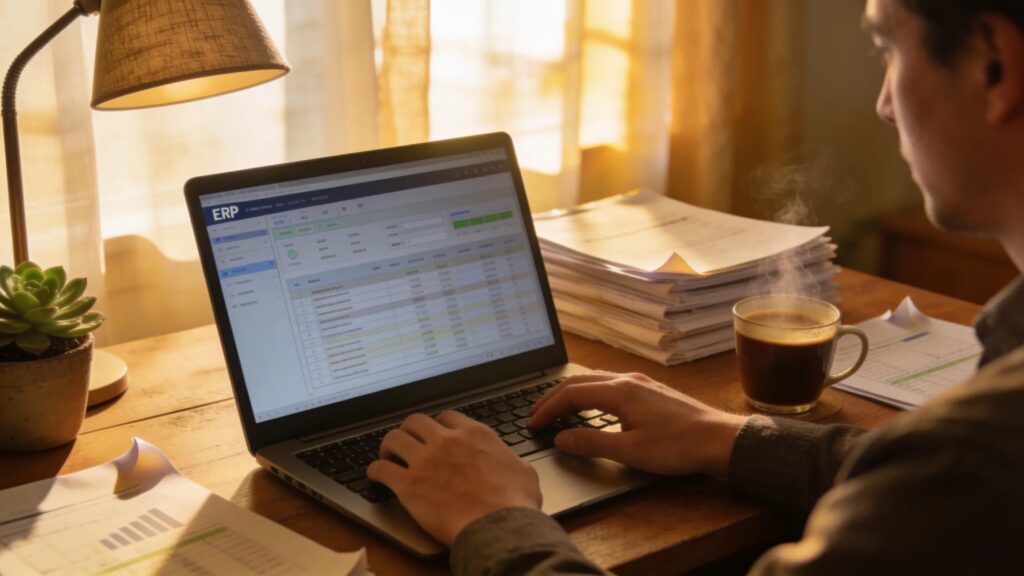 Cozy CPA office with an accountant using ERP software on a laptop, enhancing productivity in a warm atmosphere