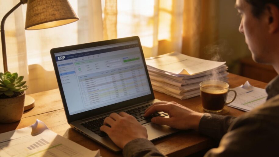 Cozy CPA office with an accountant using ERP software on a laptop, enhancing productivity in a warm atmosphere
