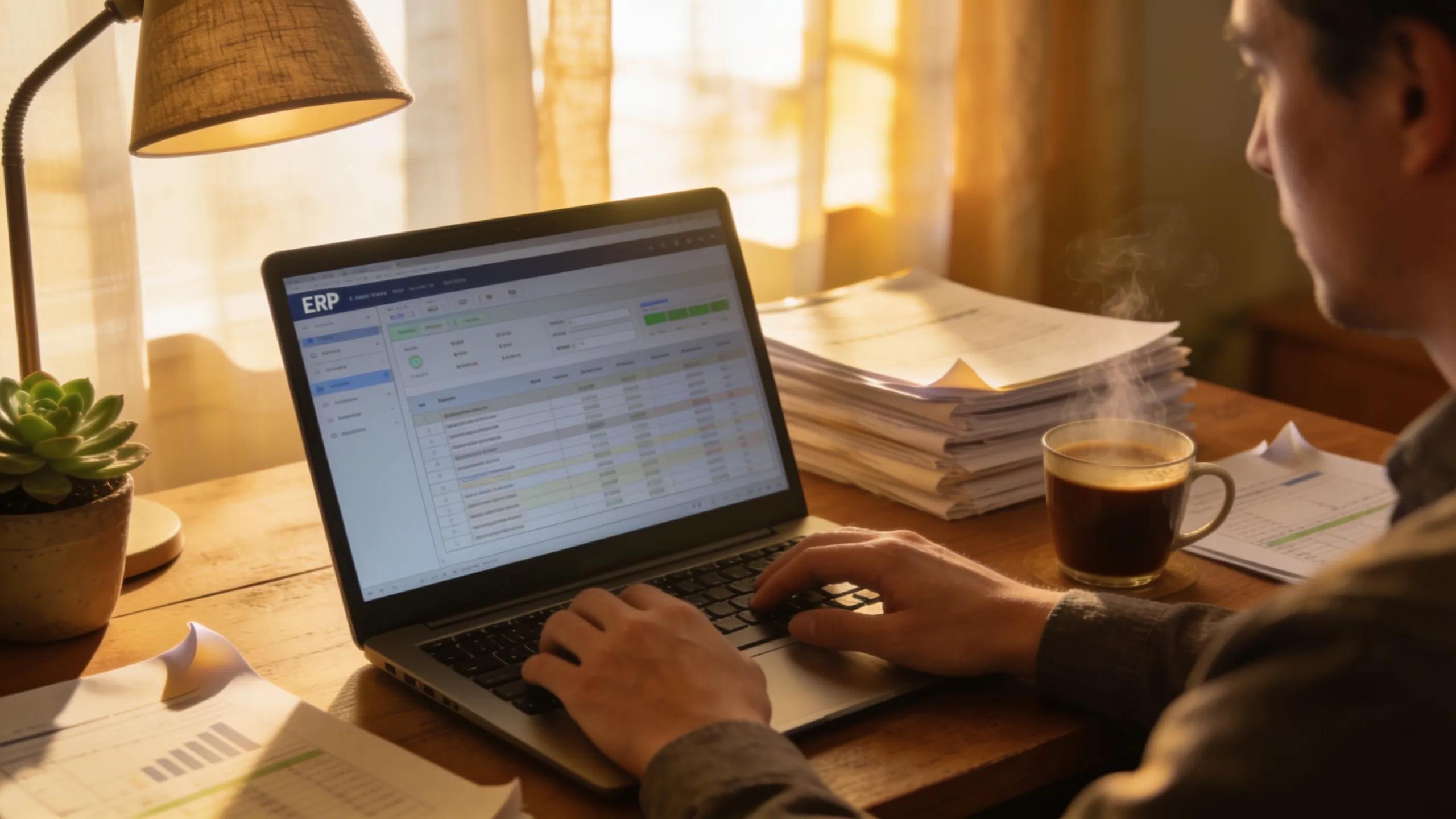 Cozy CPA office with an accountant using ERP software on a laptop, enhancing productivity in a warm atmosphere