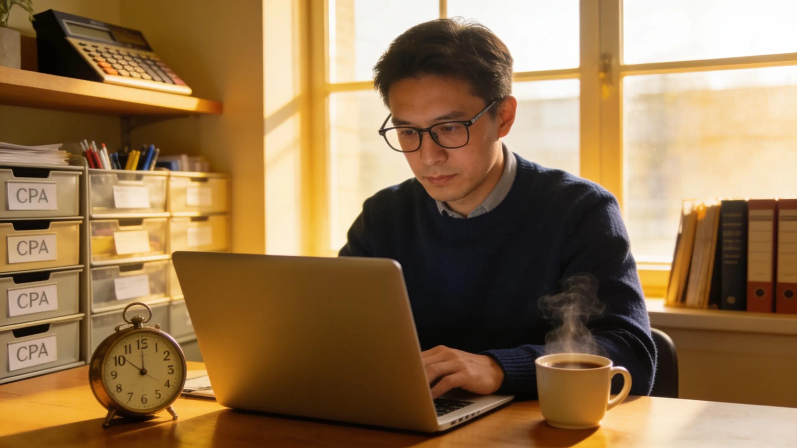 Warm and inviting CPA workspace showing a professional engaged in time tracking activities
