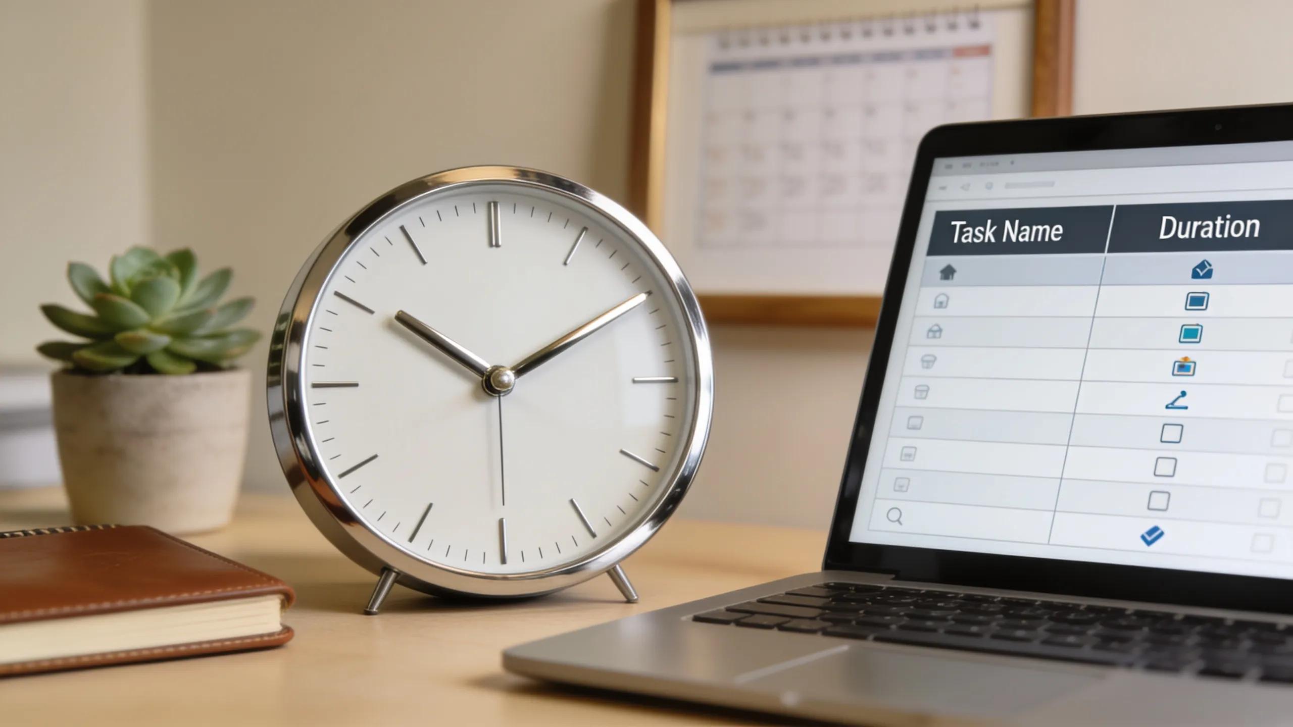 Close-up of a clock and laptop emphasizing accuracy in automated time tracking