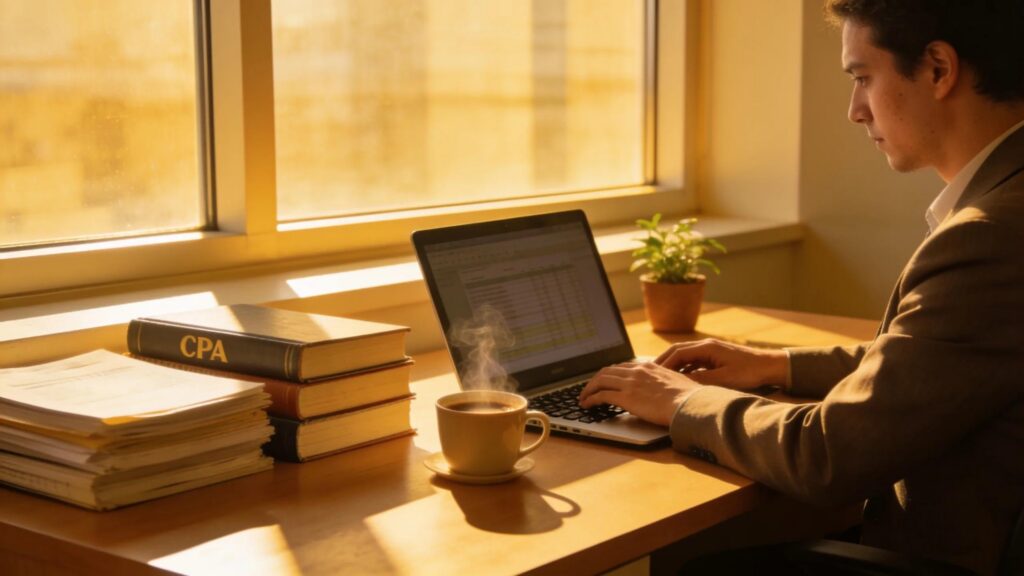 Warm and inviting office workspace with an accountant focused on enhancing efficiency in accounting practices