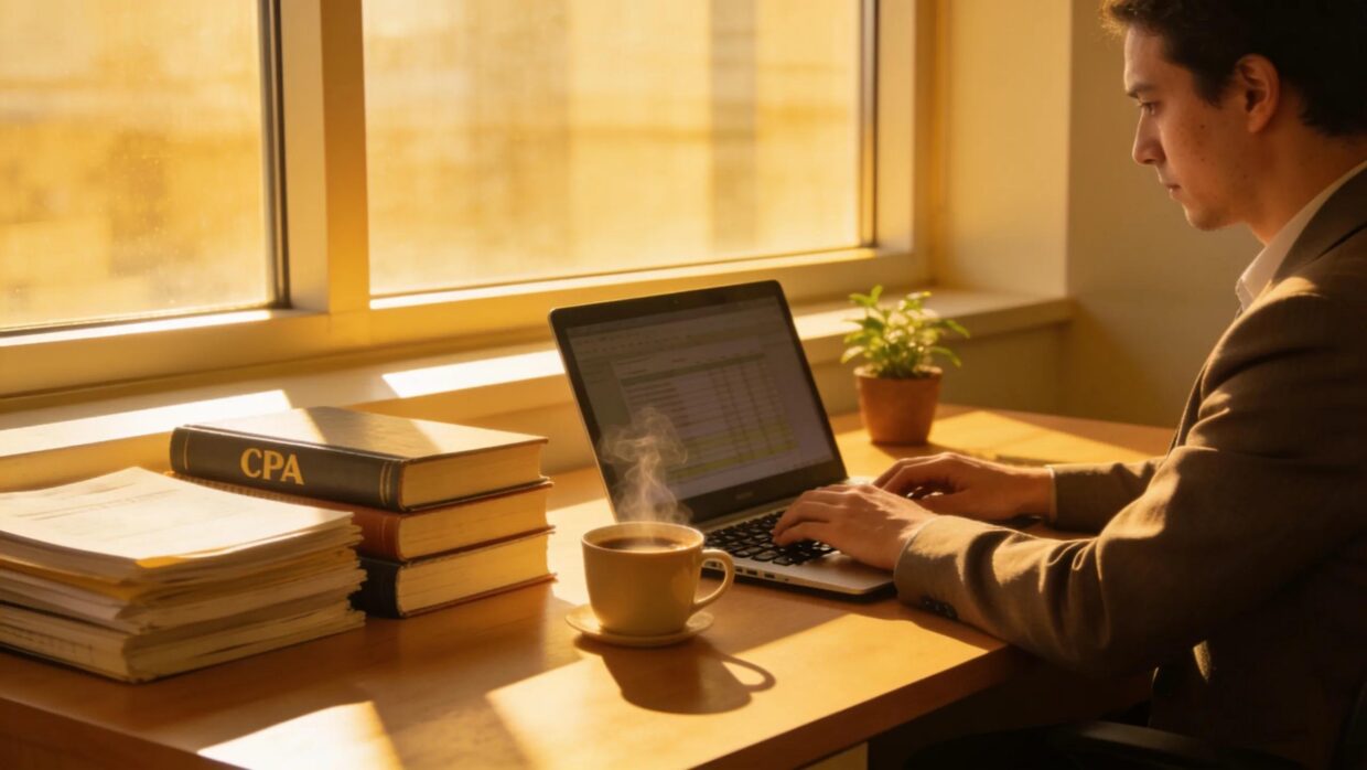 Warm and inviting office workspace with an accountant focused on enhancing efficiency in accounting practices