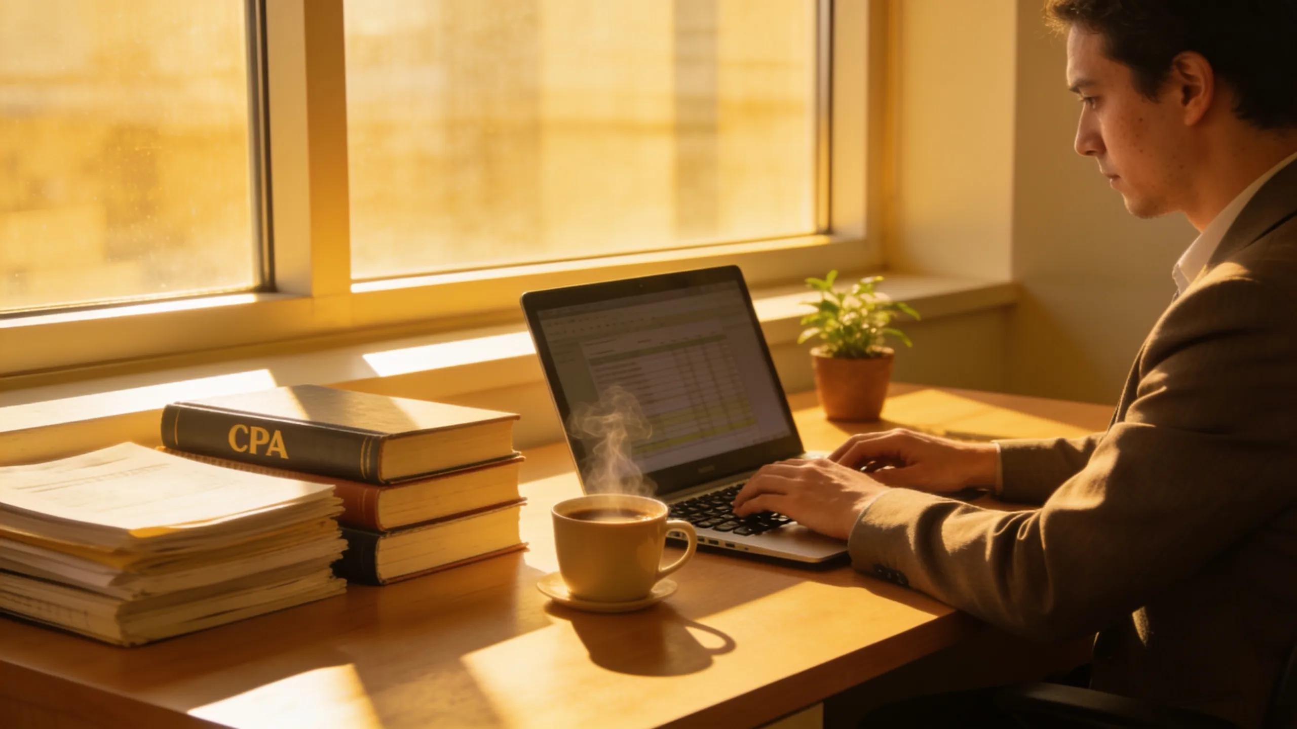 Warm and inviting office workspace with an accountant focused on enhancing efficiency in accounting practices