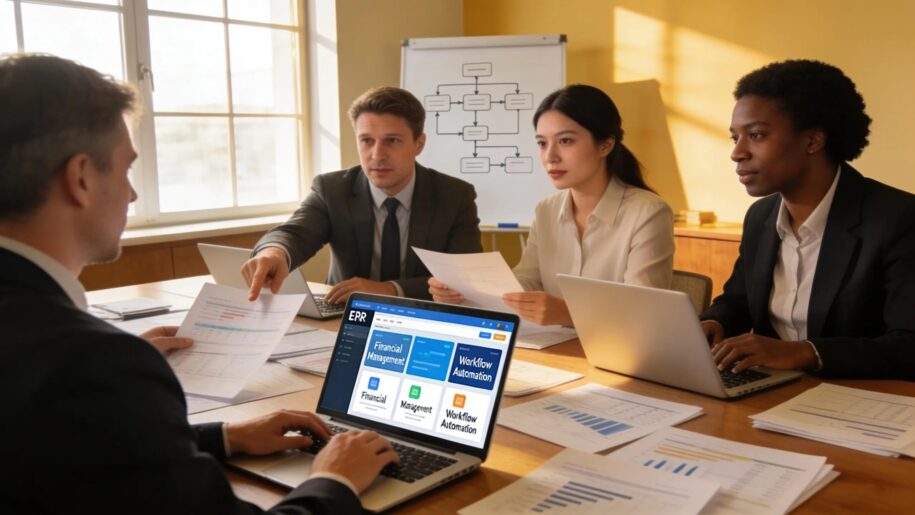 CPA firm team collaboration in a cozy office showcasing the importance of ERP software for improved efficiency