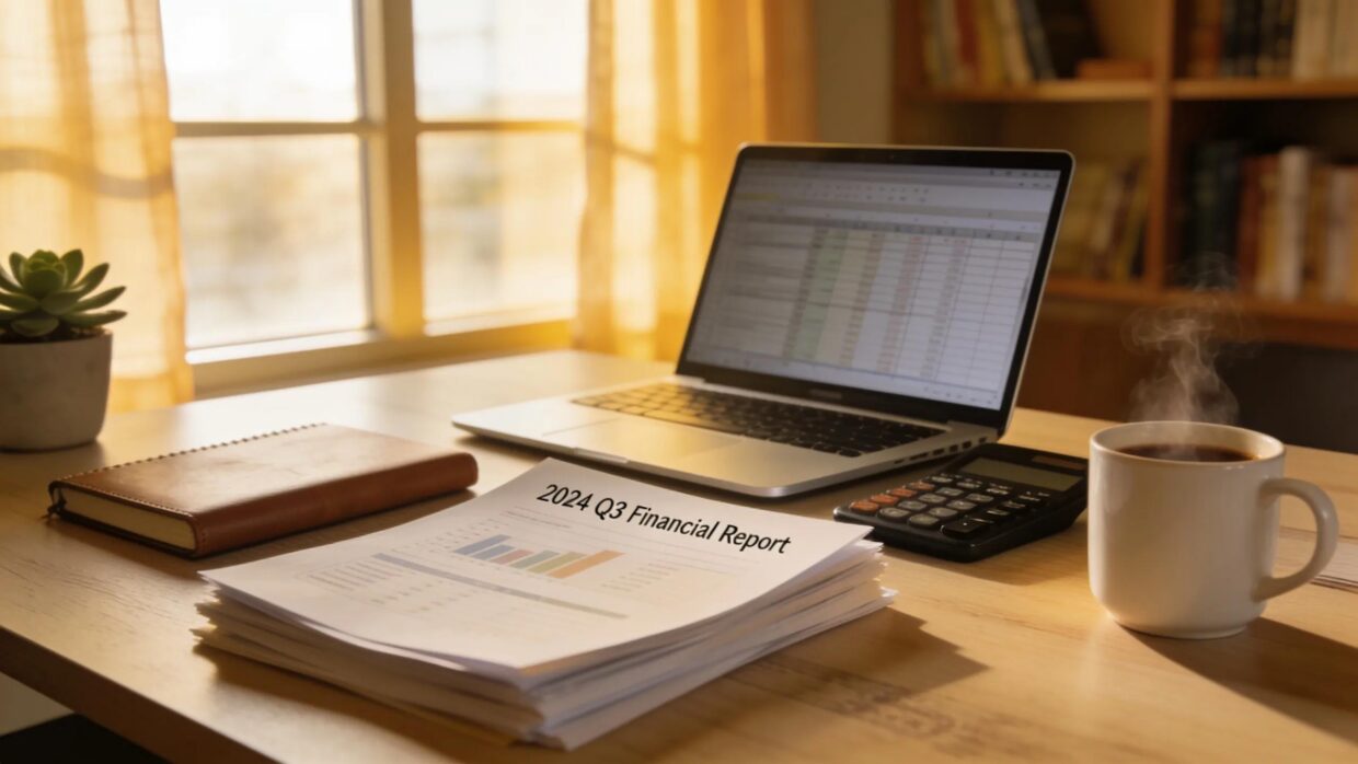 Cozy modern CPA office with laptop, documents, and coffee, portraying a productive accounting environment