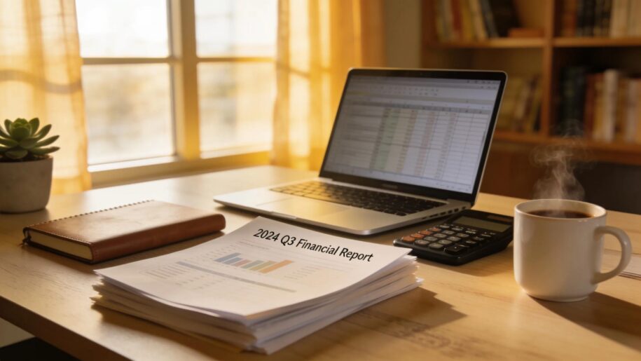 Cozy modern CPA office with laptop, documents, and coffee, portraying a productive accounting environment