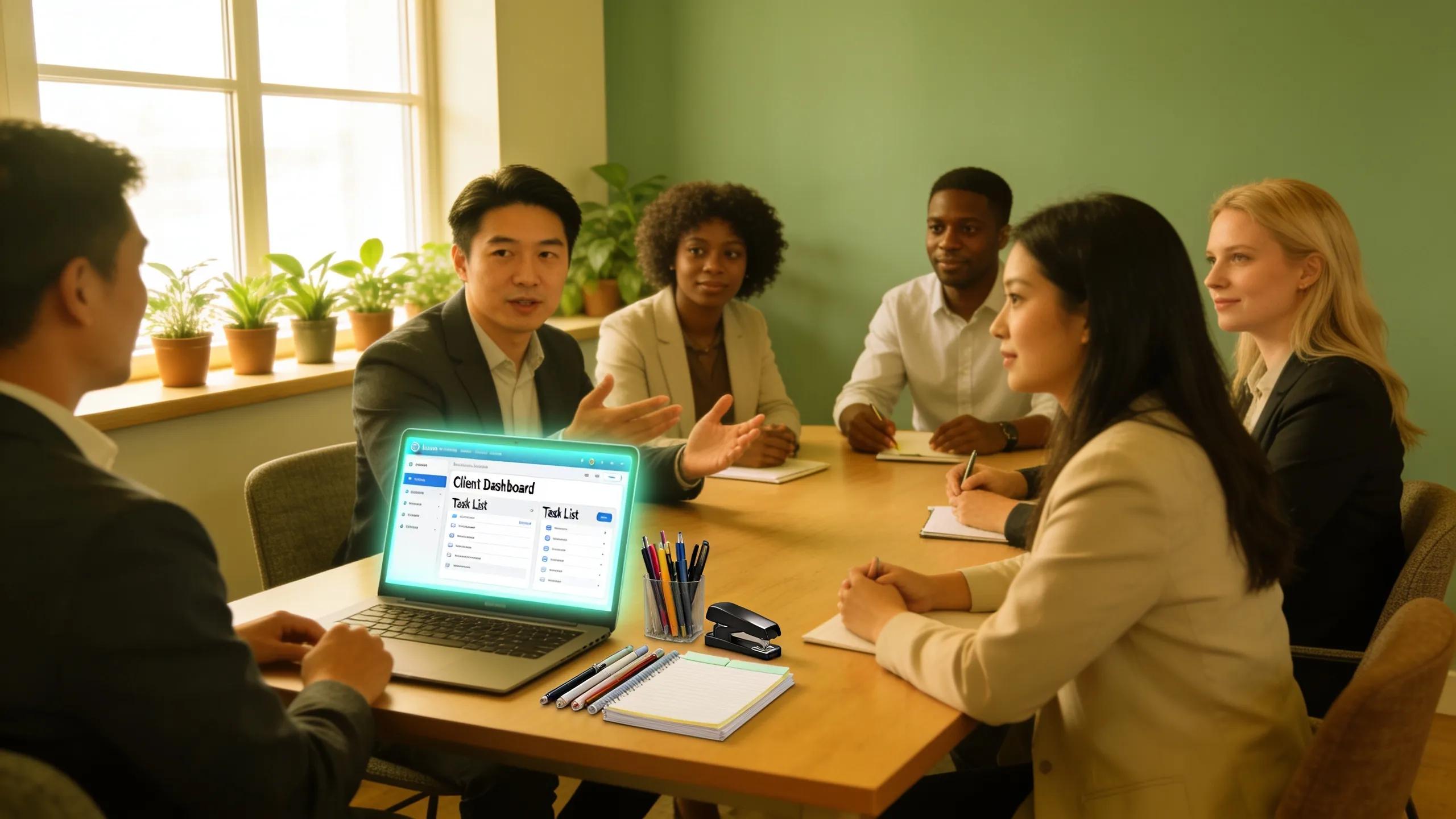 Warm office scene of CPA professionals collaborating on client management solutions