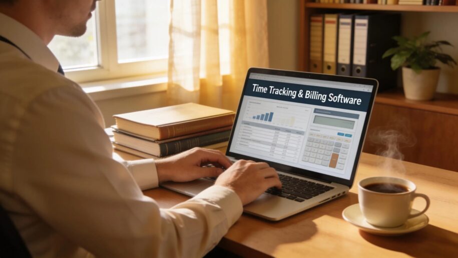 CPA professional engaging with time tracking software in a cozy office setting