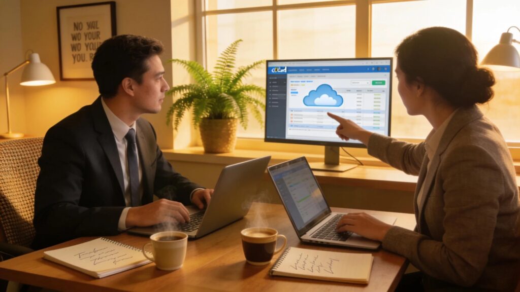 CPAs collaborating in a cozy office setting using cloud technology