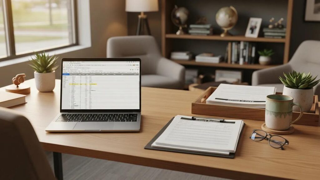 Cozy CPA firm office workspace with laptop and financial documents