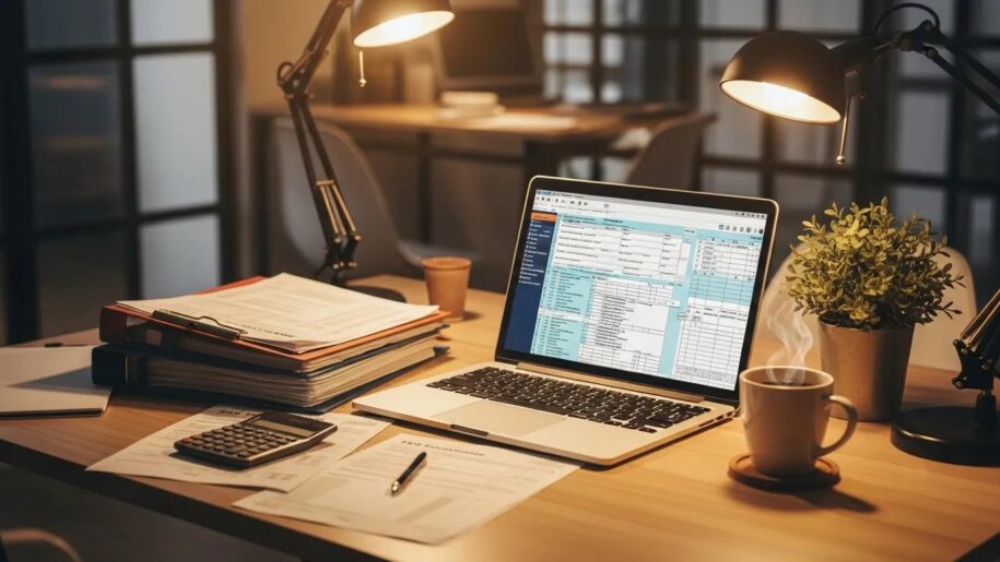 Cozy CPA office during tax season with organized desk, laptop, and coffee