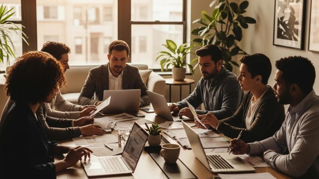 CPA professionals collaborating in a modern office setting, emphasizing teamwork in ERP data migration