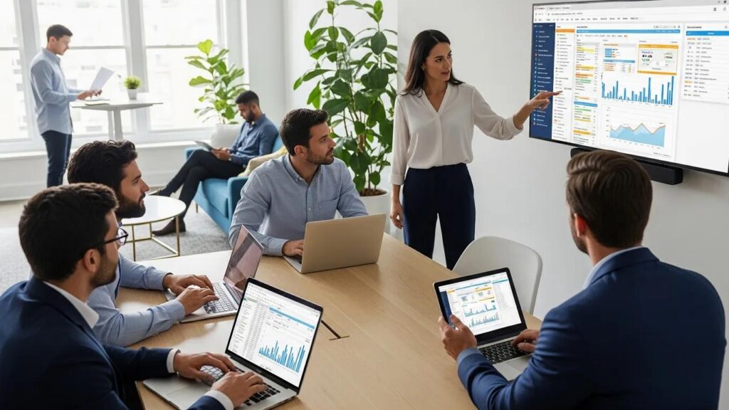 CPA professionals collaborating with digital devices and real-time dashboards