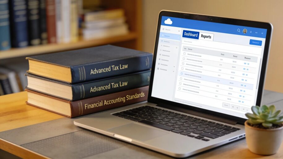 Modern workspace featuring cloud accounting software on a laptop with accounting books and a plant