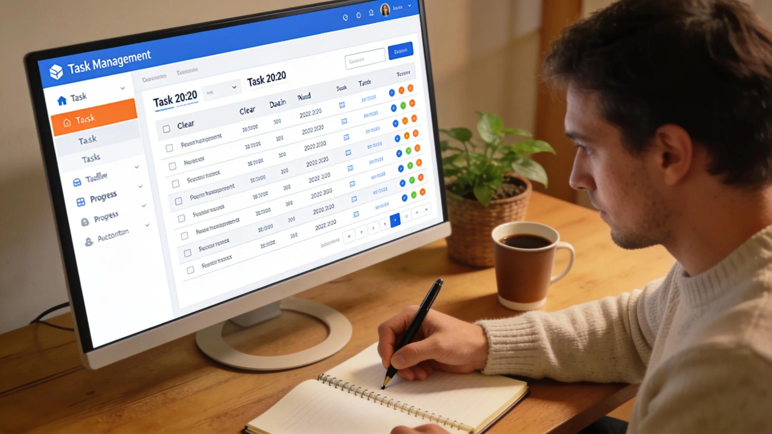Accountant viewing task management software on computer screen in a cozy office setup