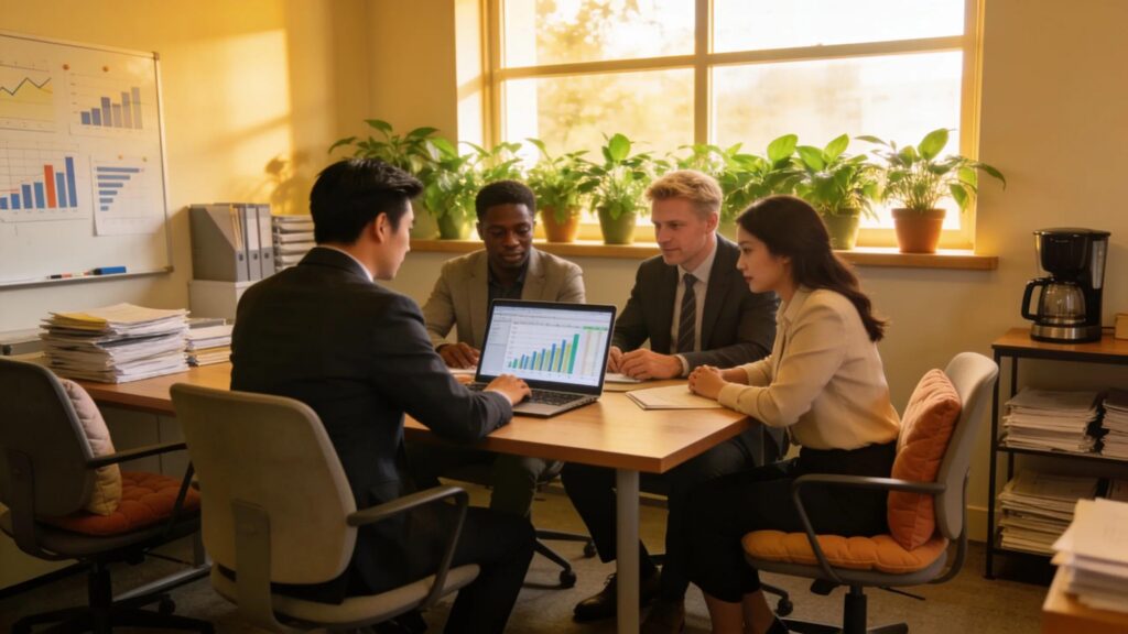 Cozy CPA firm office setup showcasing a diverse team collaborating on AI financial reporting