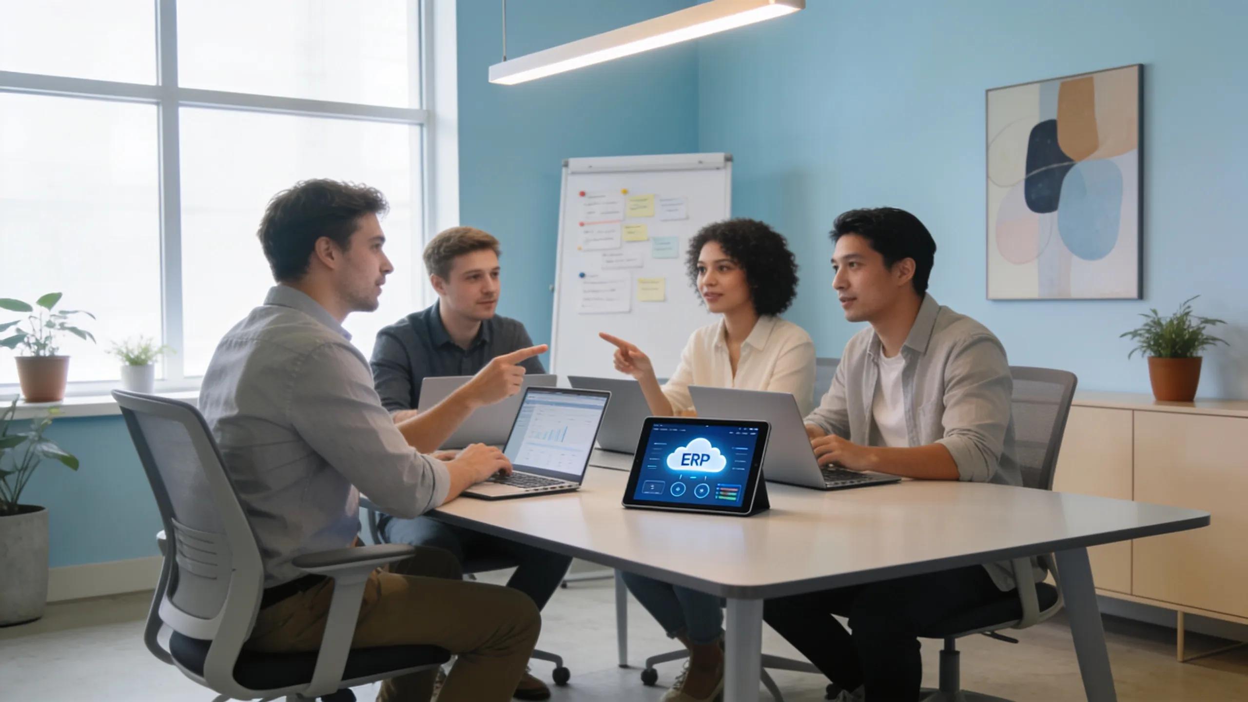 Team of accounting professionals collaborating using laptops, illustrating the advantages of cloud ERP solutions