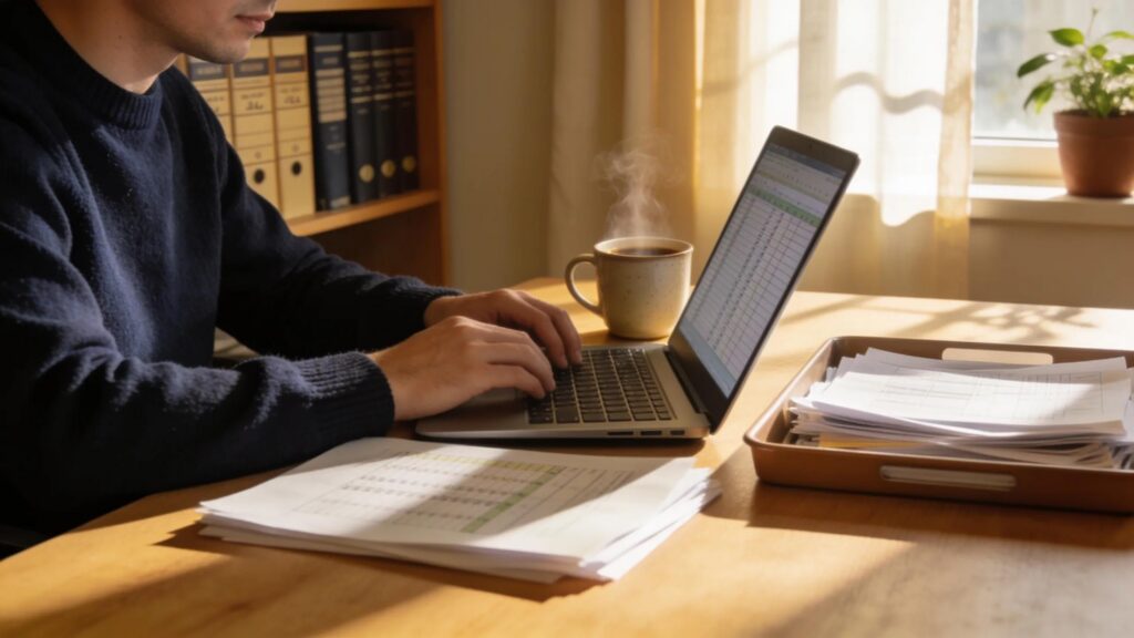 CPA professional working efficiently in a cozy workspace with a laptop and organized papers