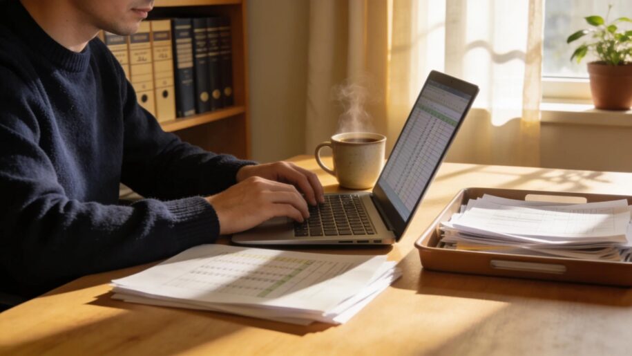 CPA professional working efficiently in a cozy workspace with a laptop and organized papers