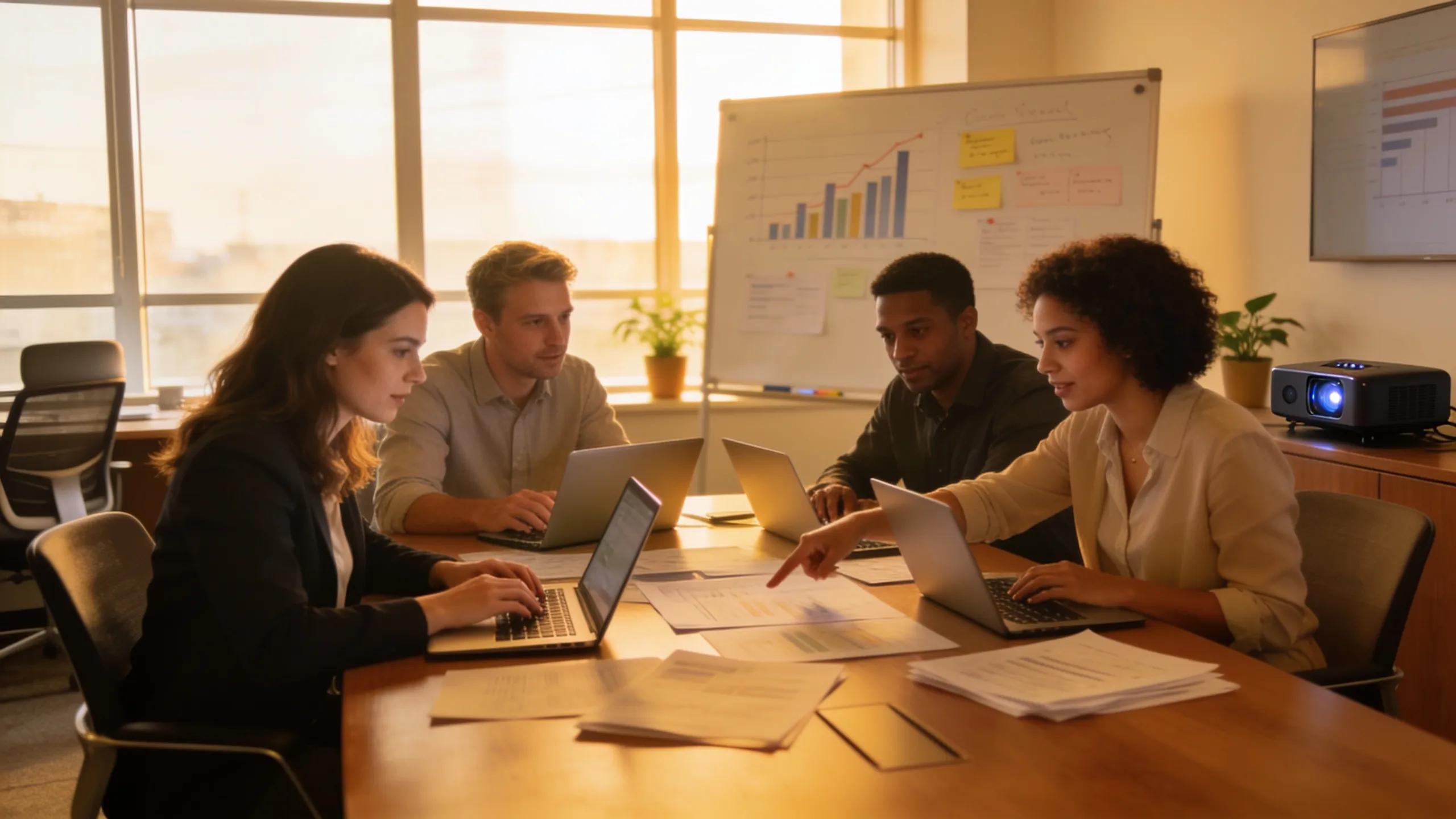 A diverse team of professionals collaborating in a modern CPA office setting, highlighting teamwork and the use of ERP solutions.